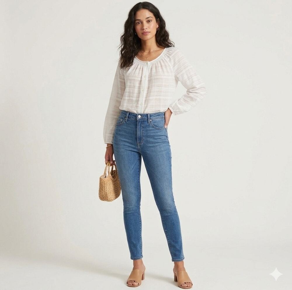 J. McLaughlin Button Front Peasant Blouse Top Long Sleeve White Women's Small